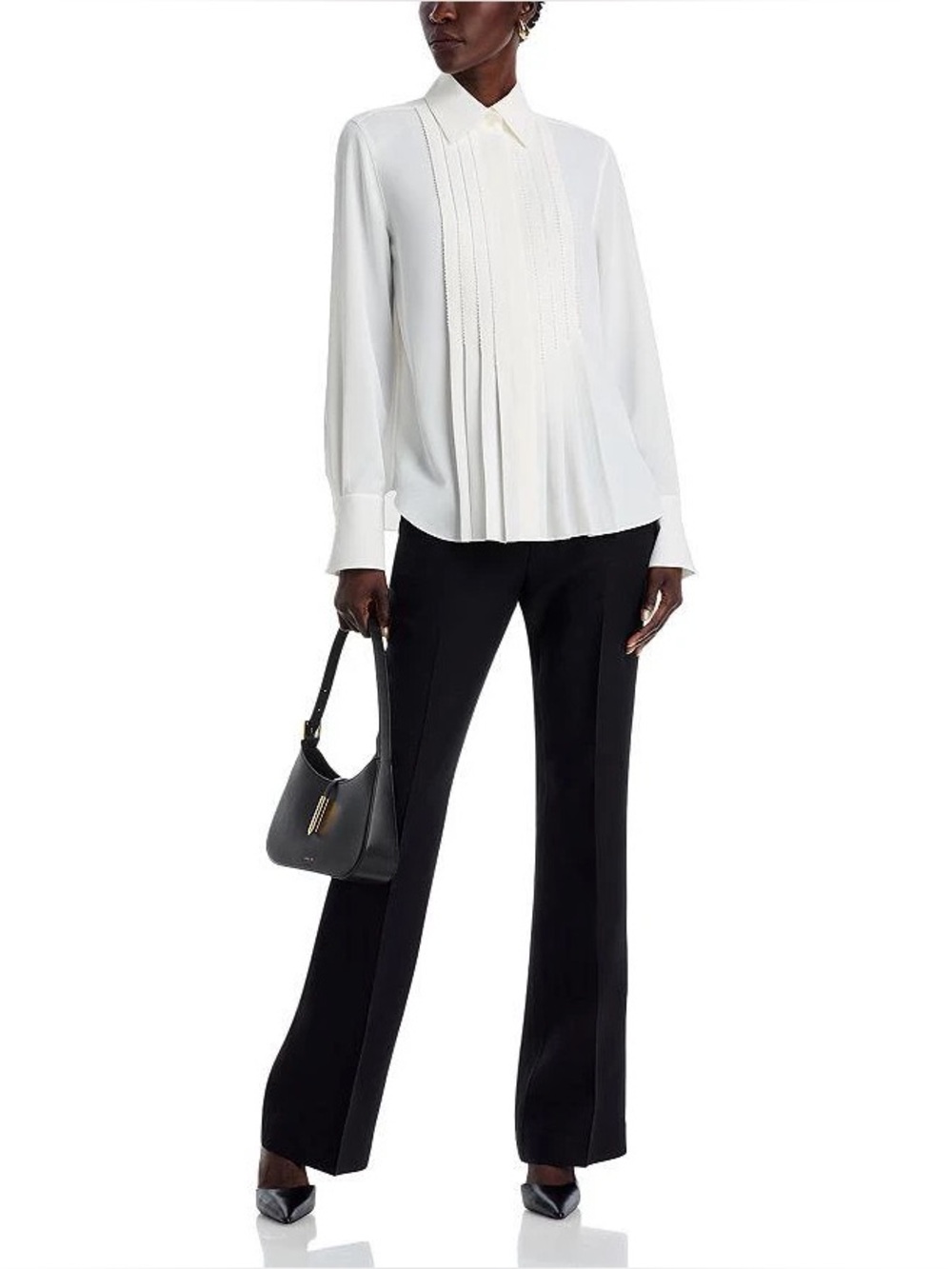 MODERN WORKS Off-White Pleated Hidden Button-Up Blouse LARGE NWT